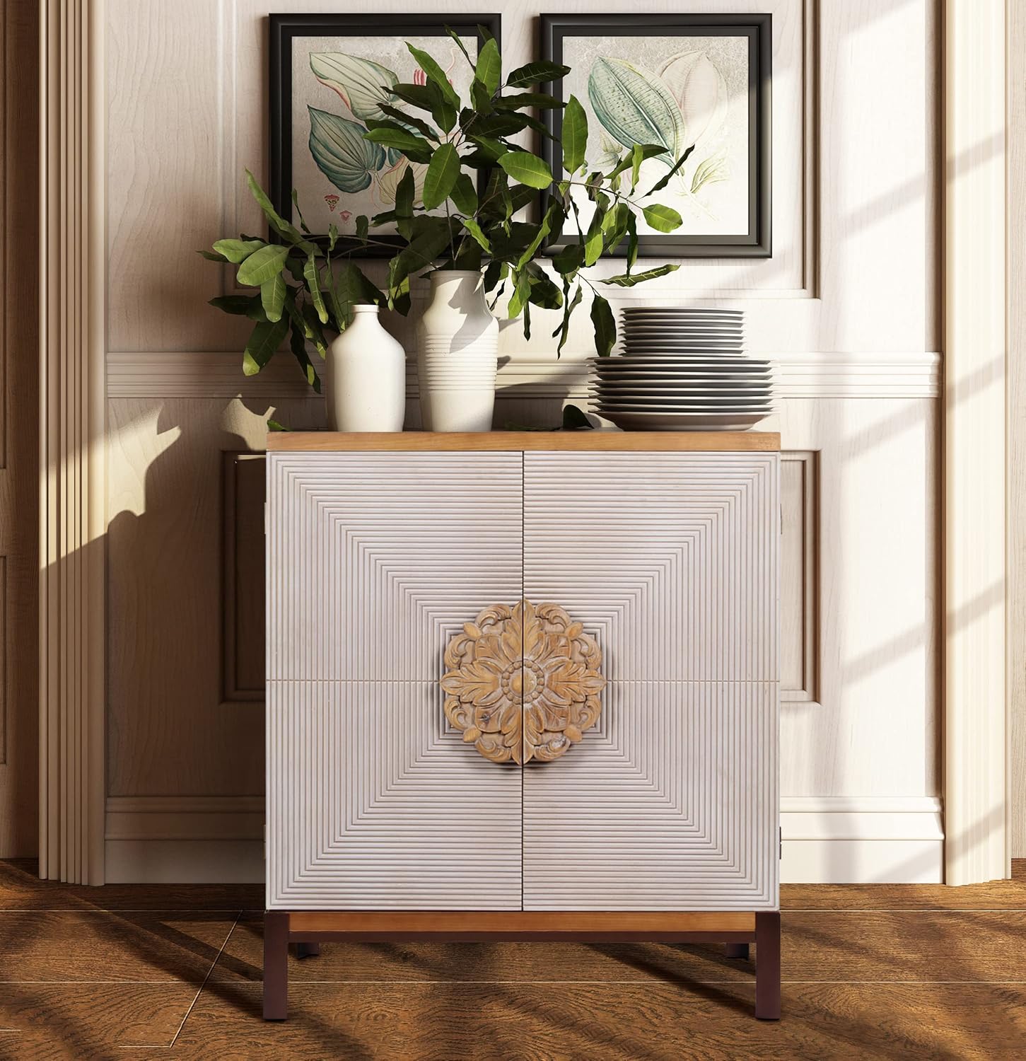 MAISON ARTS White Accent Cabinet with 2 Doors Storage Sideboard Buffet Cabinet for Living Room Kitchen Farmhouse Decorative Distressed Tall Cabinet