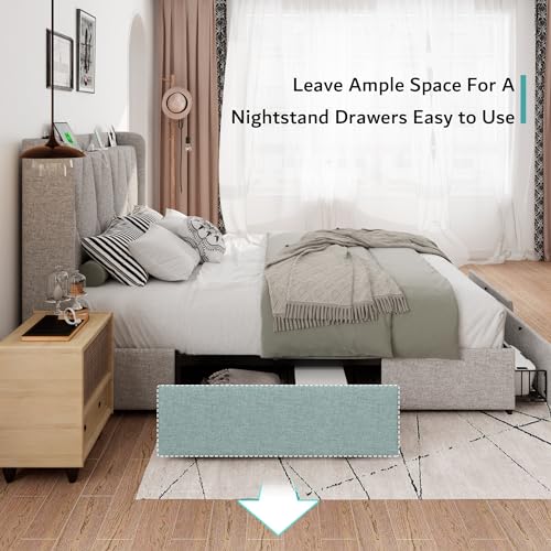 iPormis Queen Bed Frame with 4 Storage Drawers, Upholstered Platform Bed Frame with Charging Station, Modern Wingback Storage Headboard