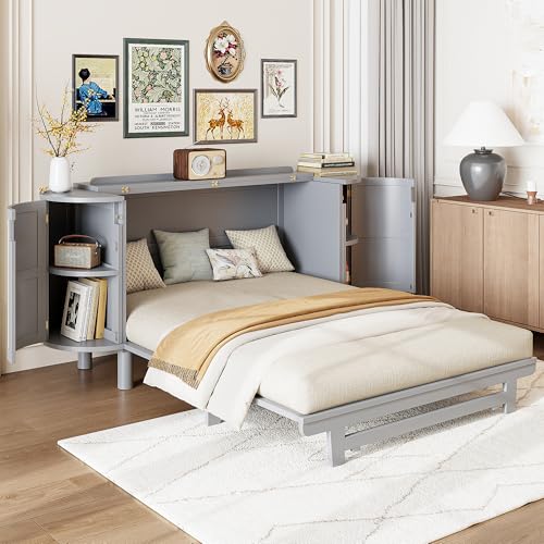 Queen Size Farmhouse Murphy Bed Cabinet with Charging Station, Foldable Platform Bed Frame with 2 Storage Drawers