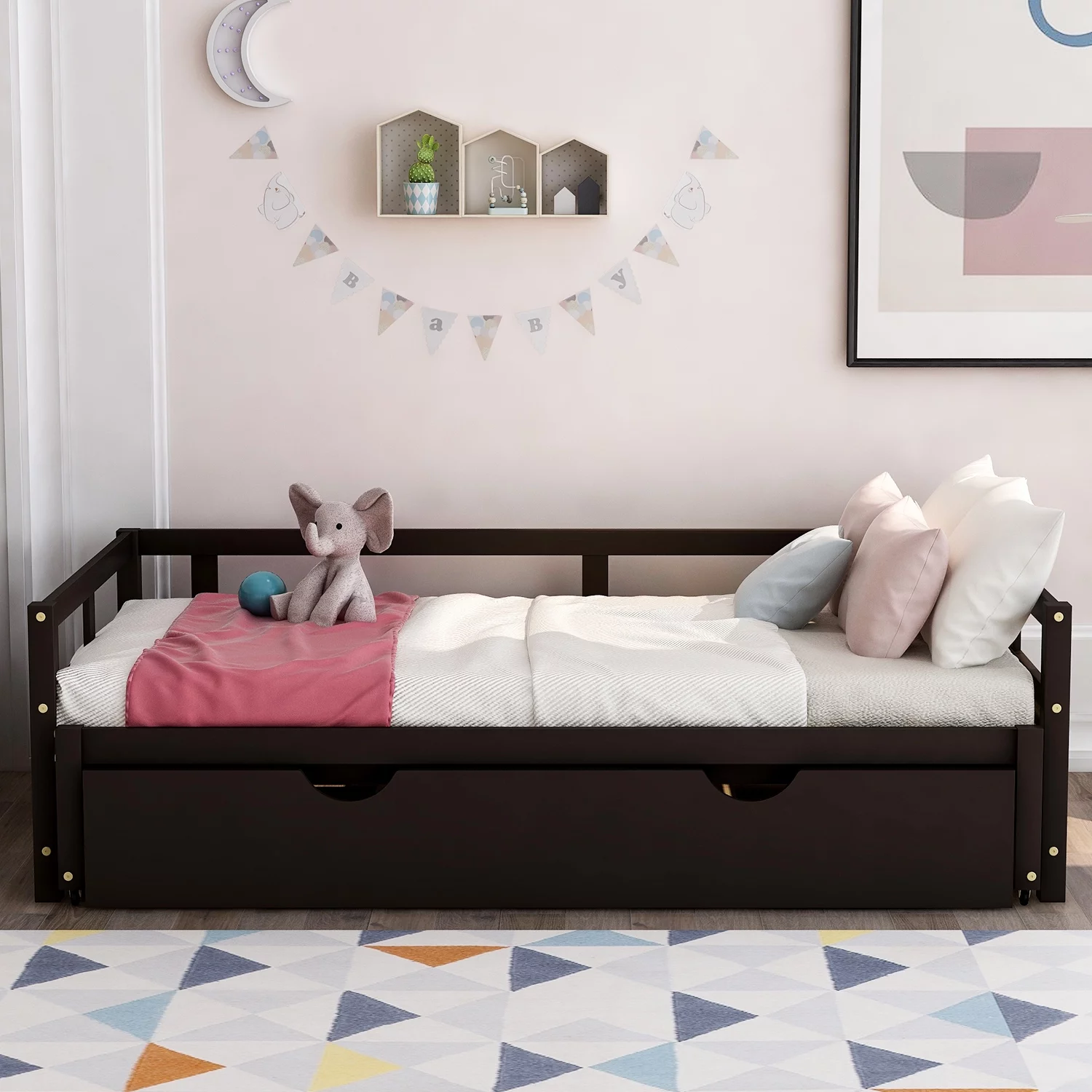 Gewnee Wood Twin Size Daybed,Convertible Daybed with Double Trundle for Kids,Espresso