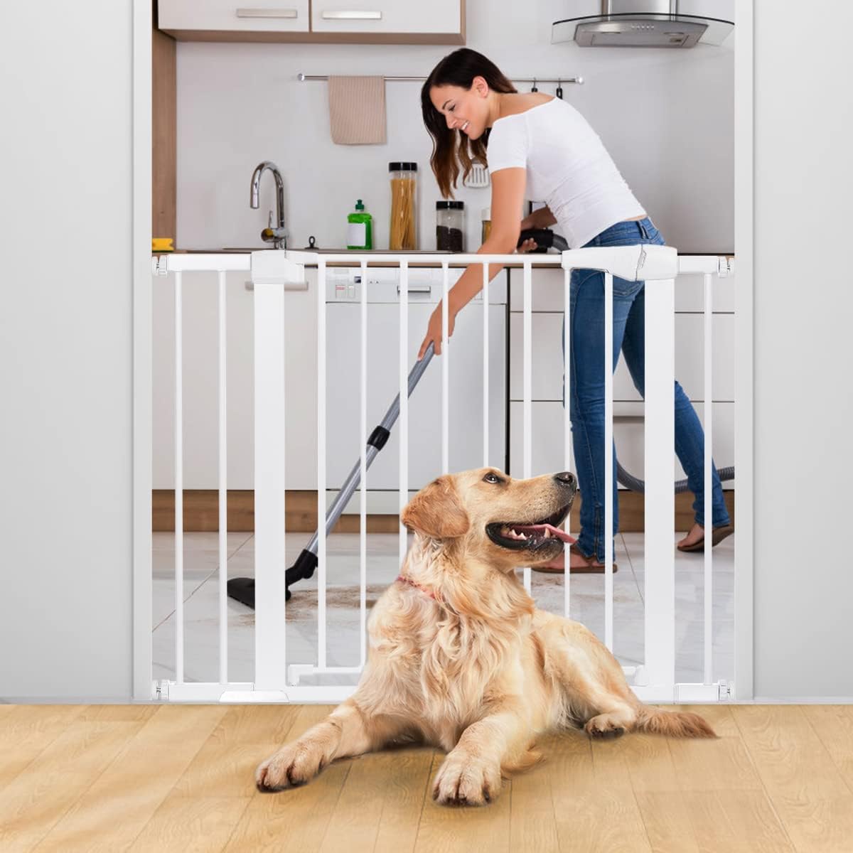 Dog Gate Easy Walk Thru Dog Fence Gate with Pet Door for Stairs Doorways House, Fits Openings 29.5"-40.5", Pressure Mounted Pack of 2