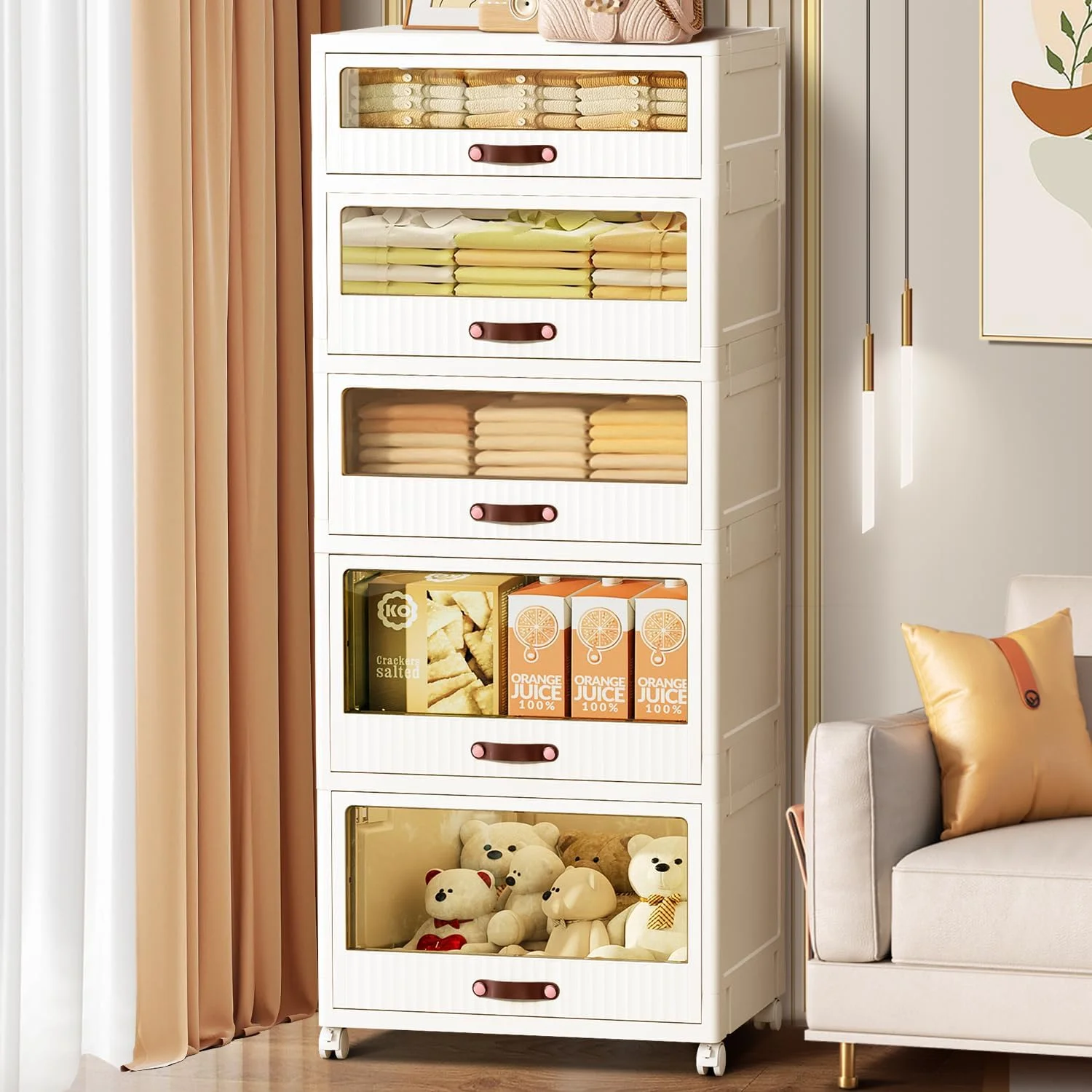 5 Drawers Dresser for Bedroom with Doors Storage Closet Folding Plastic Chest Vertical Drawer Storage Tower Stackable Clear Tall Dressers Small