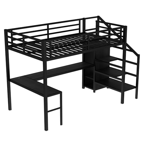Full Loft Bed with Desk - Metal Gaming Bed with L-shaped Desk, USB, Wardrobe & Adjustable Shelf, High Loft Bed with Safety Guardrails & Stairs