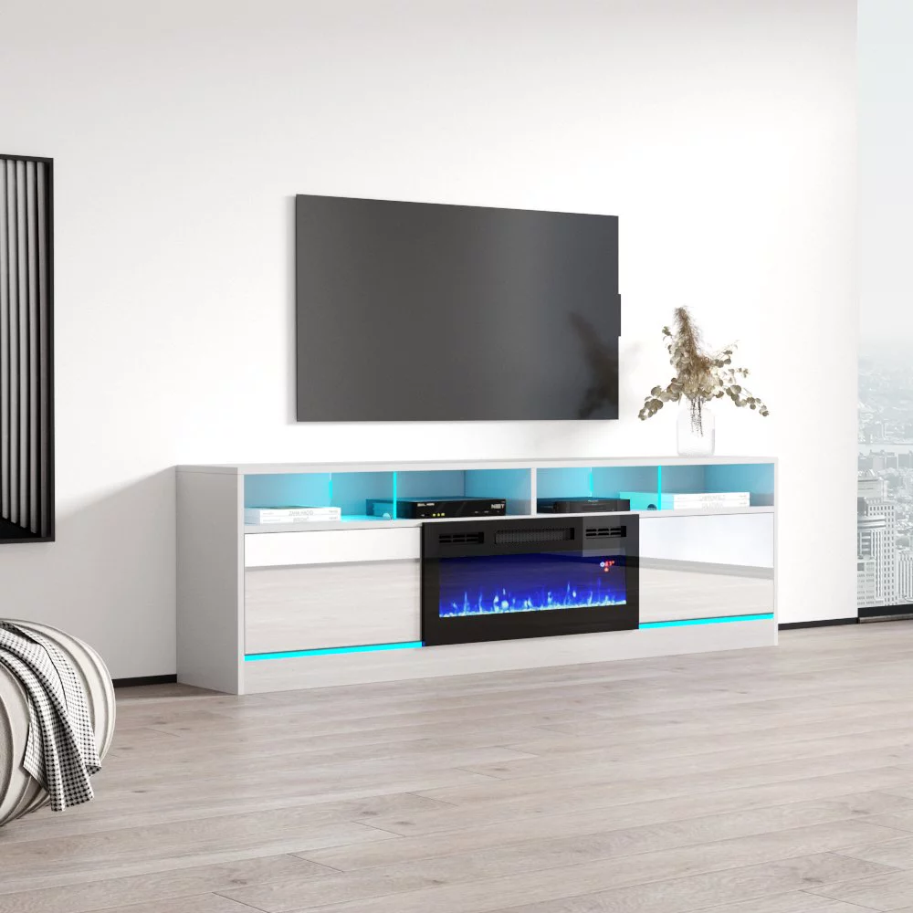 Disparo BL-05 Fireplace TV Stand for TVs up to 90", Modern High Gloss 79" Entertainment Center
