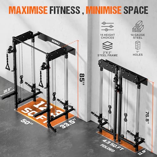 WM3-V4 Folding Squat Rack, Wall Mounted Power Rack with Dual Independent Pulley System