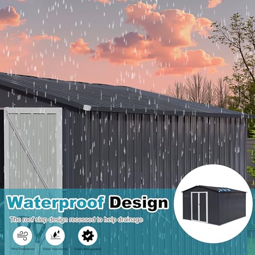 8x6 FT Outdoor Storage Shed, Metal Tool Shed with Lockable Doors, Peaked Roof & Frame Floor