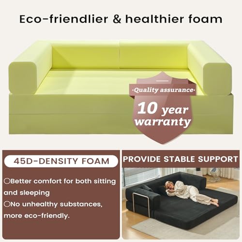 Convertible Sleeper Sofa Bed No Assembly Corduroy Upholstered Green Modular Floor Couch Queen/King Size Foldable Futon with Memory Foam for Apartment