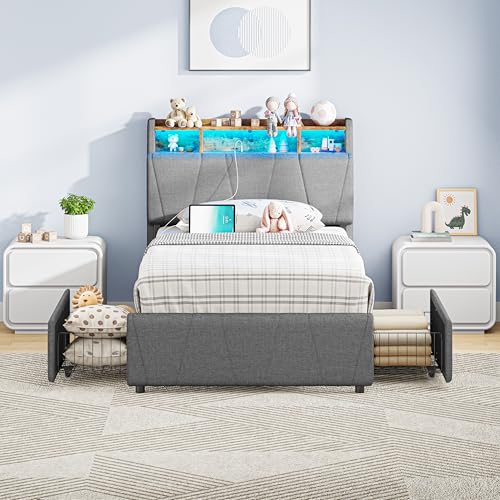 LIKIMIO Twin Bed Frame with 2 Storage Drawers, Charging Station & LED Lights, Upholstered Platform Twin Bed with Storage Headboard