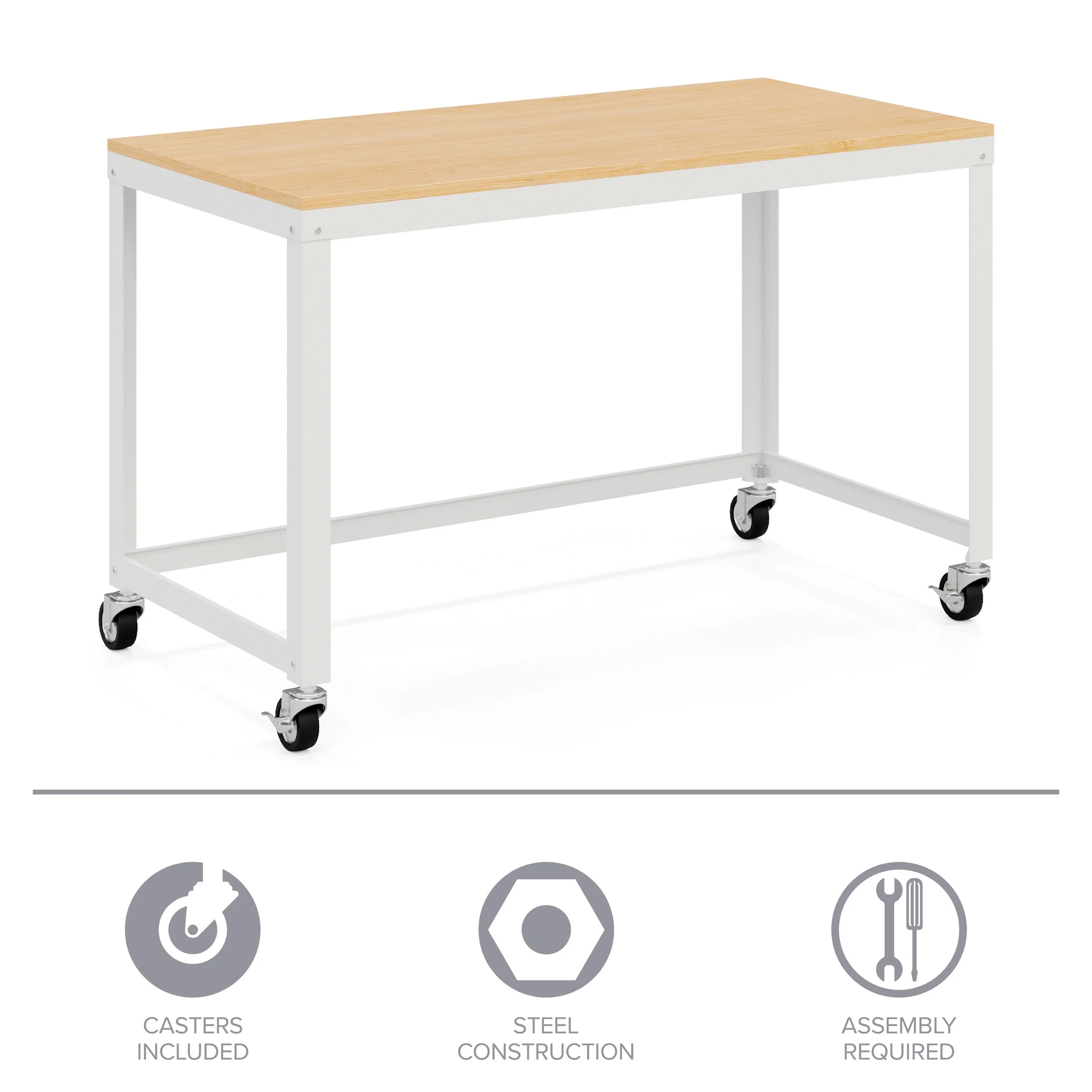 Space Solutions Ready-to-assemble 48-inch Wide Mobile Metal Desk with Laminate Top, White/Maple - Radiant Selections