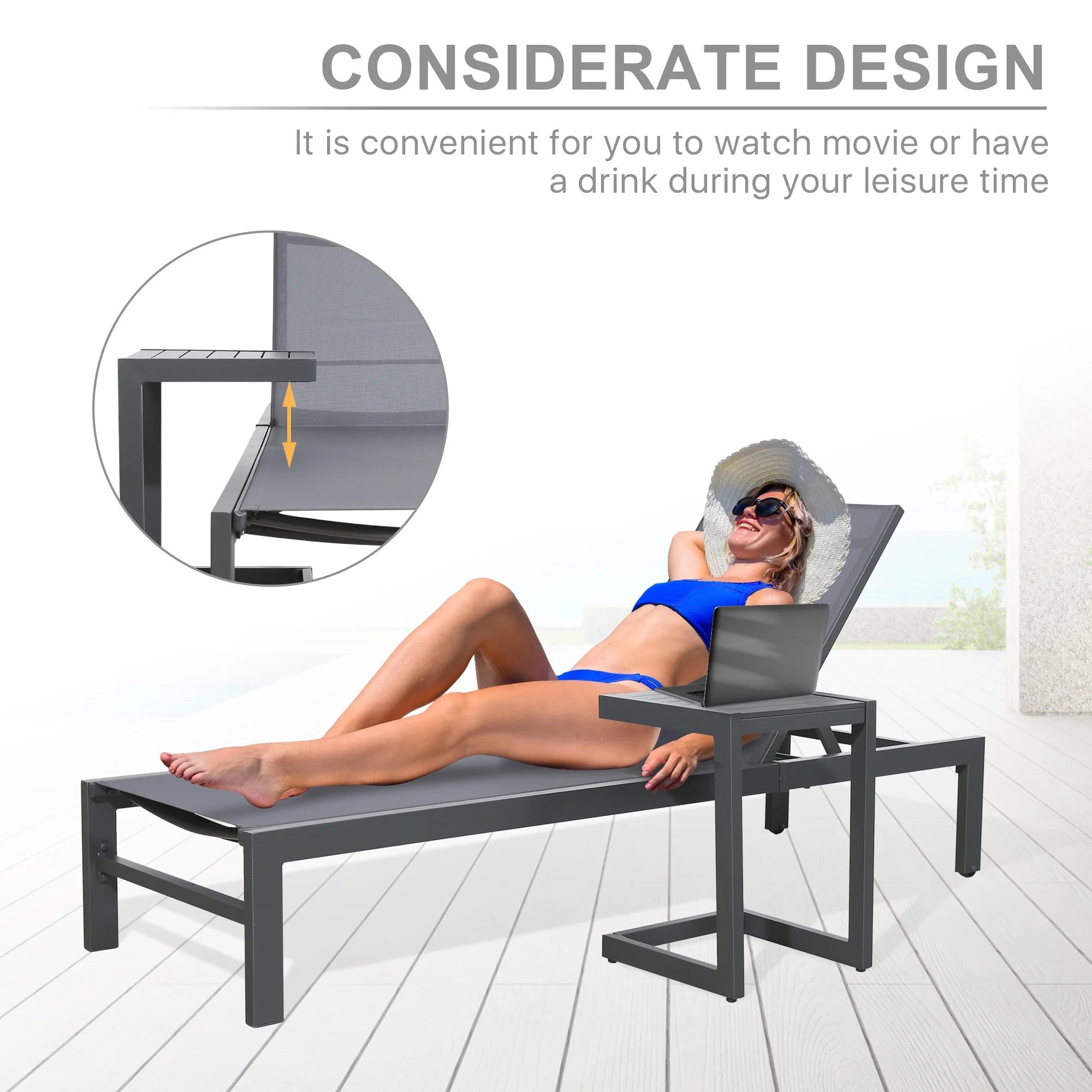 Ulax Furniture 3 Pieces Outdoor Patio Aluminum Reclining Chaise Lounge Chairs Set with C Shaped Side Table