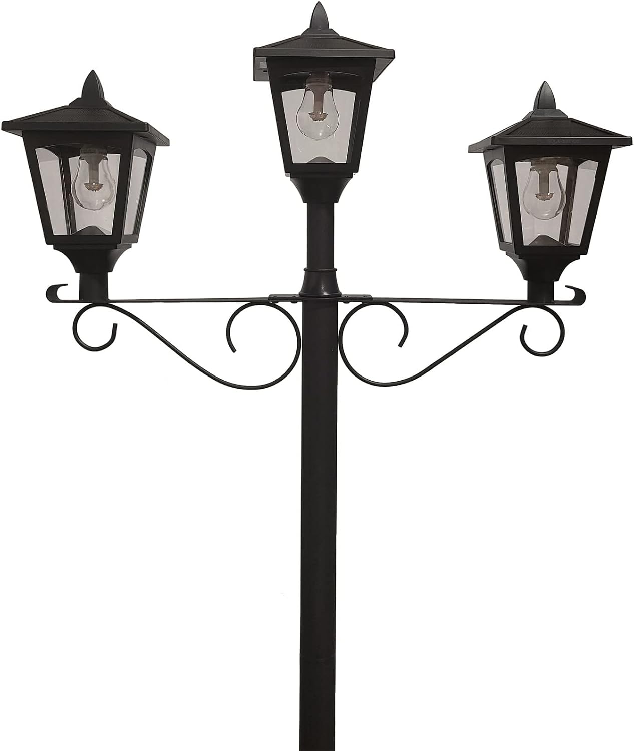 Triple Solar Lamp and Post Set with Round Planter Black Resin