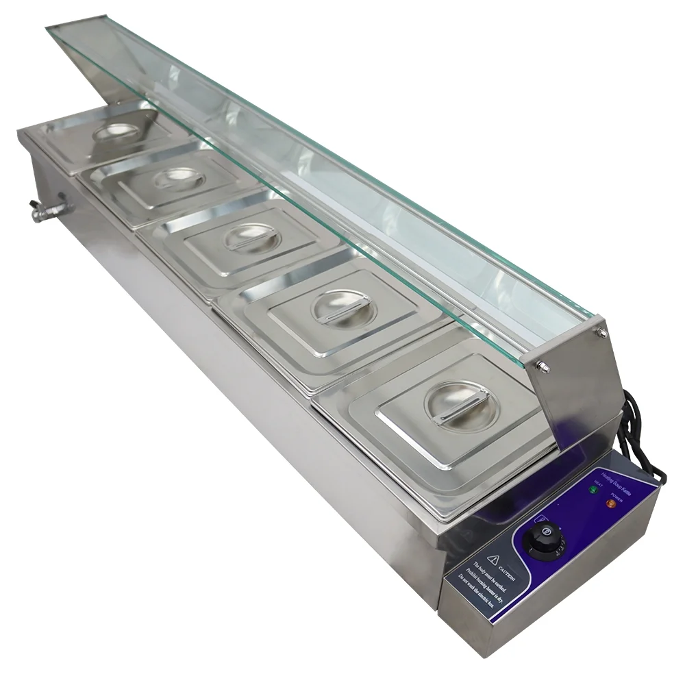 TECHTONGDA Buffet Food Warmer Stainless Steel Bain Marie Buffet Countertop 5 Pan Electric Steam Heater 6"Deep with Glass Shield