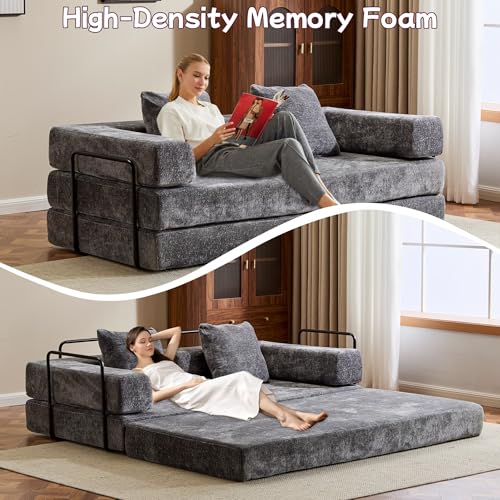 Convertible Floor Sofa Bed, Foldable Mattress Cloud Couch with Pillow Back & Armrest, Chenille Sleeper Sofa Bed with Fixed-Shape Frame