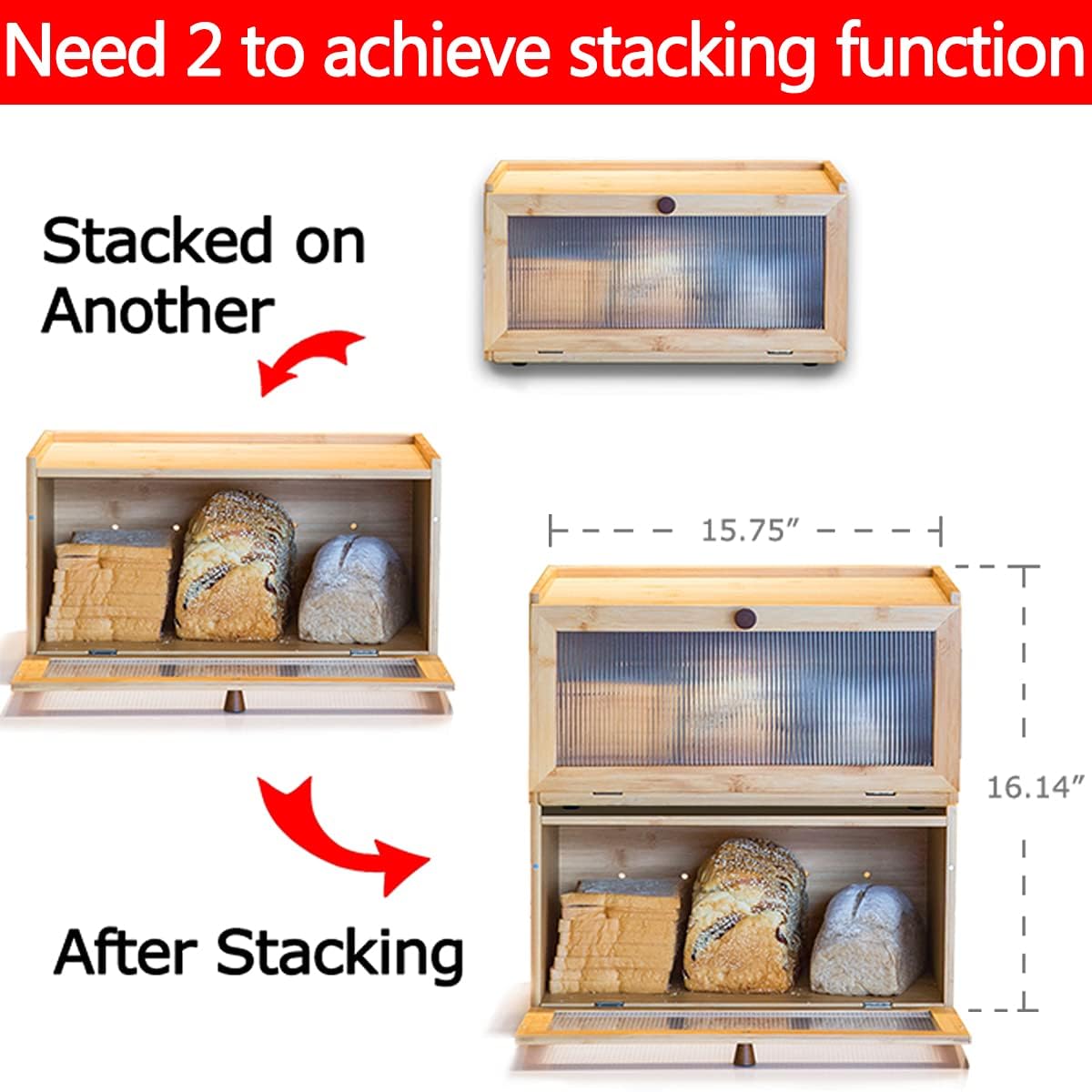 ETMI Bamboo Bread Box for Kitchen Counter-Large Capacity Bread Storage Container Farmhouse Bread Box with Window Bread Holder Pack of 2