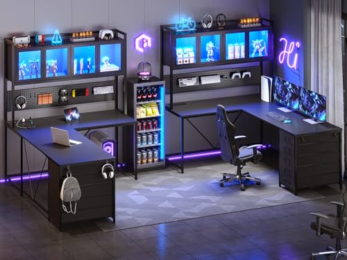 SEDETA L Shaped Gaming Desk with Drawers, L Shaped Computer Desk with Hutch and Storage Shelves, Gaming Desk with Pegboard, Led Lights