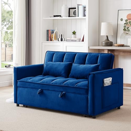Pull Out Sofa Bed, 3-in-1 Convertible Sofa Bed, Modern Velvet Double Sofa Futon Sofa Bed with Adjustable Back, Storage Bag and Pillow for Living Room