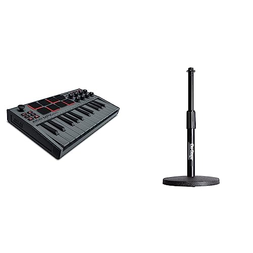 AKAI Professional MPK Mini MK3-25 Key USB MIDI Keyboard Controller With 8 Backlit Drum Pads (Grey) & On-Stage DS7200B Adjustable Desktop Microphone