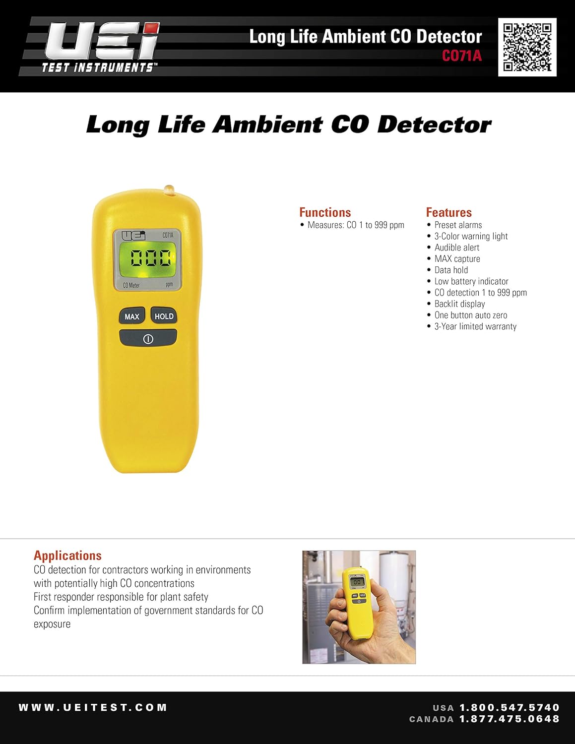 UEi Test Instruments CO71A Handheld Digital Carbon Monoxide Detector, Portable CO Meter 0～999ppm Range