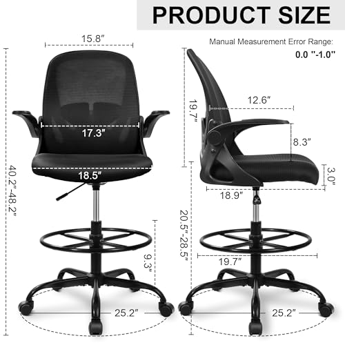 Primy Drafting Chair Tall Office Chair with Flip-up Armrests Executive Ergonomic Computer Standing Desk Chair with Lumbar Support and Adjustable
