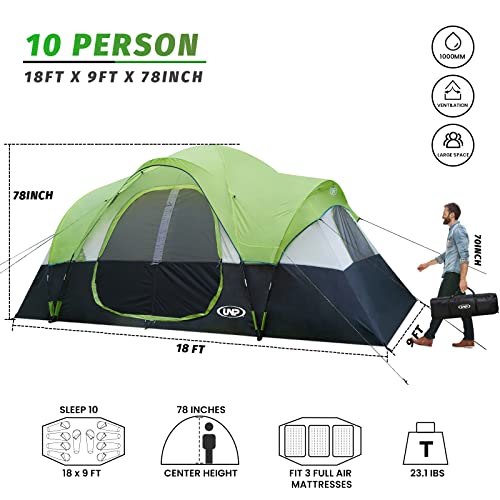 UNP Camping Tent 10-Person-Family Tents, Parties, Music Festival Tent, Big, Easy Up, 5 Large Mesh Windows, Double Layer, 2 Room, Waterproof