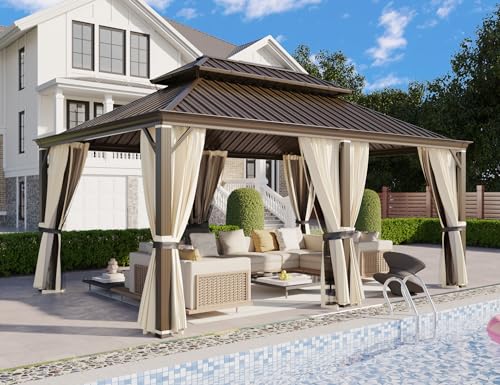 YOLENY 10' x 12' Hardtop Gazebo, Metal Gazebo with Aluminum Frame, Double Galvanized Steel Roof, Curtains and Netting Included