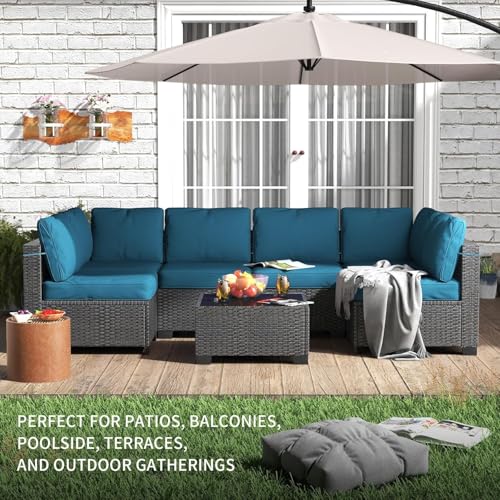 6 Piece Outdoor Patio Furniture Set with Coffee Table, Rattan Deck Conversation Sofa Set