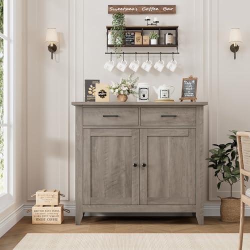 HORSTORS Kitchen Storage Cabinet, Modern Farmhouse Buffet Cabinet with Storage, Coffee Bar with 2 Drawers and 2 Doors