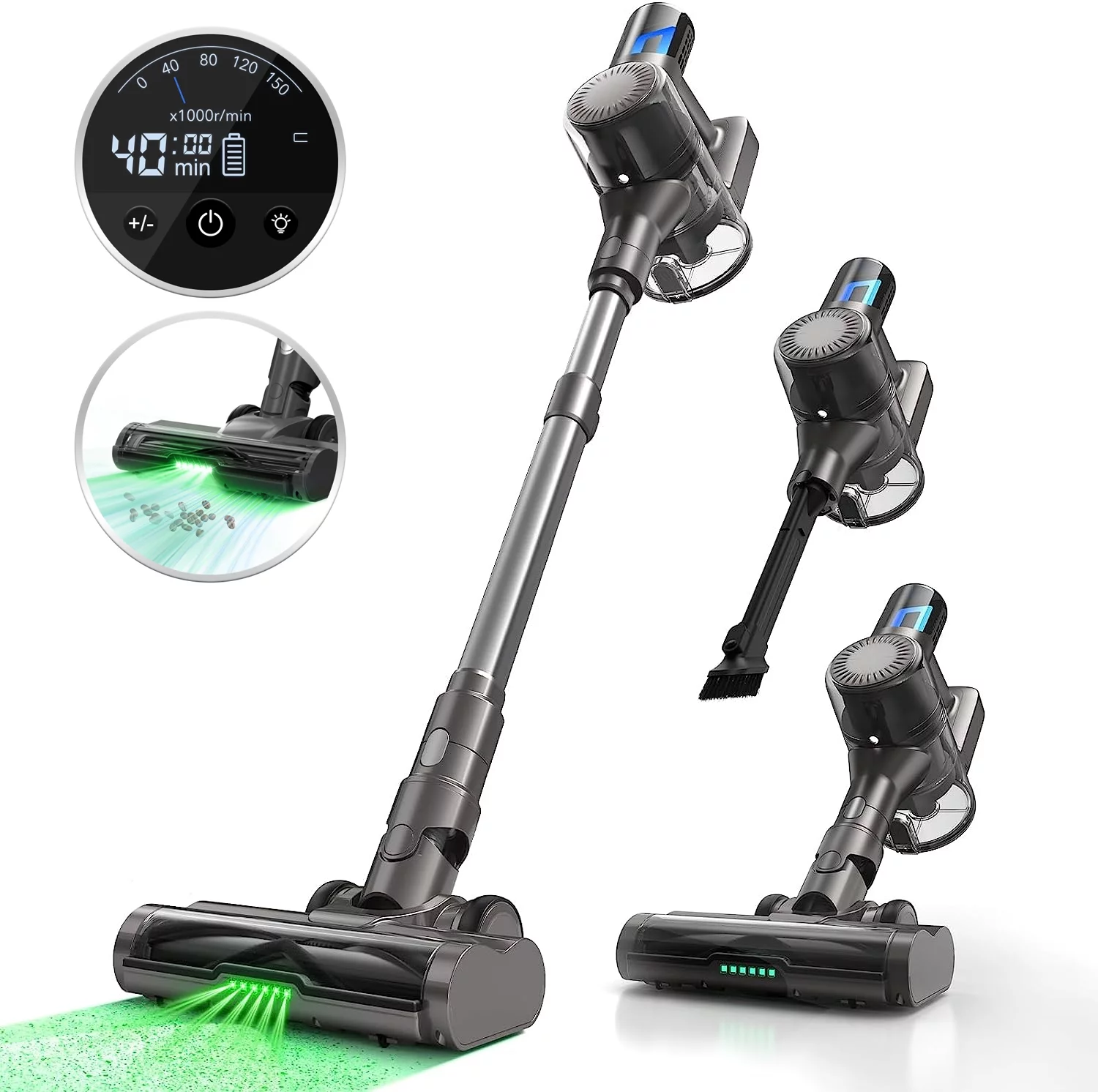 MOOSOO Cordless Vacuum Lightweight Stick Vacuum Cleaner with 30Kpa Suction, Dust-Revealing Headlight, Gray