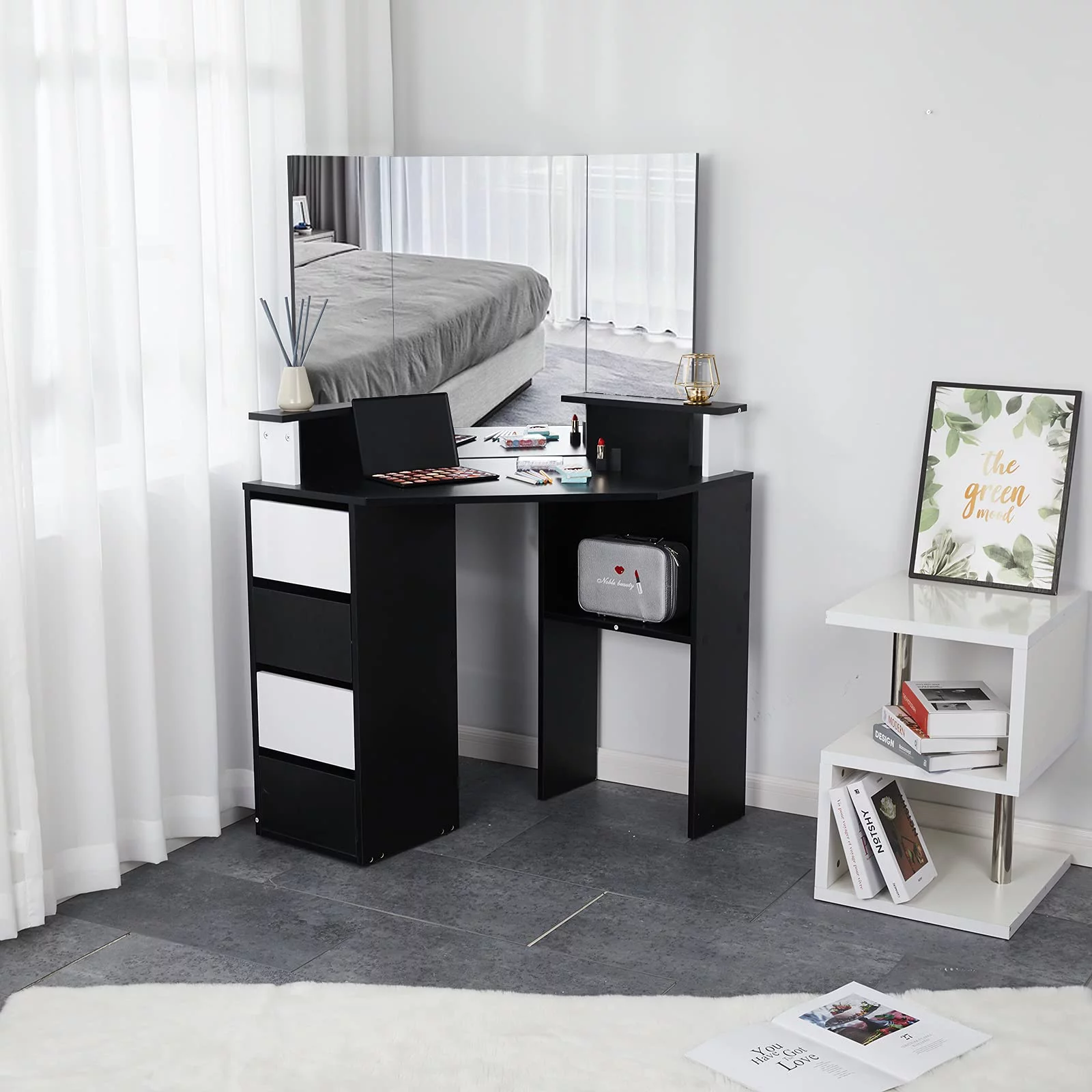 VEANERWOOD Corner Makeup Vanity Dressing Table with 10 Light Bulbs, Modern, Black, Bedroom