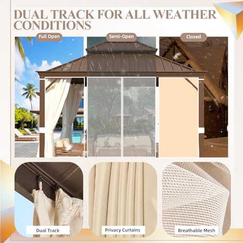 YOLENY 10' x 12' Hardtop Gazebo, Metal Gazebo with Aluminum Frame, Double Galvanized Steel Roof, Curtains and Netting Included