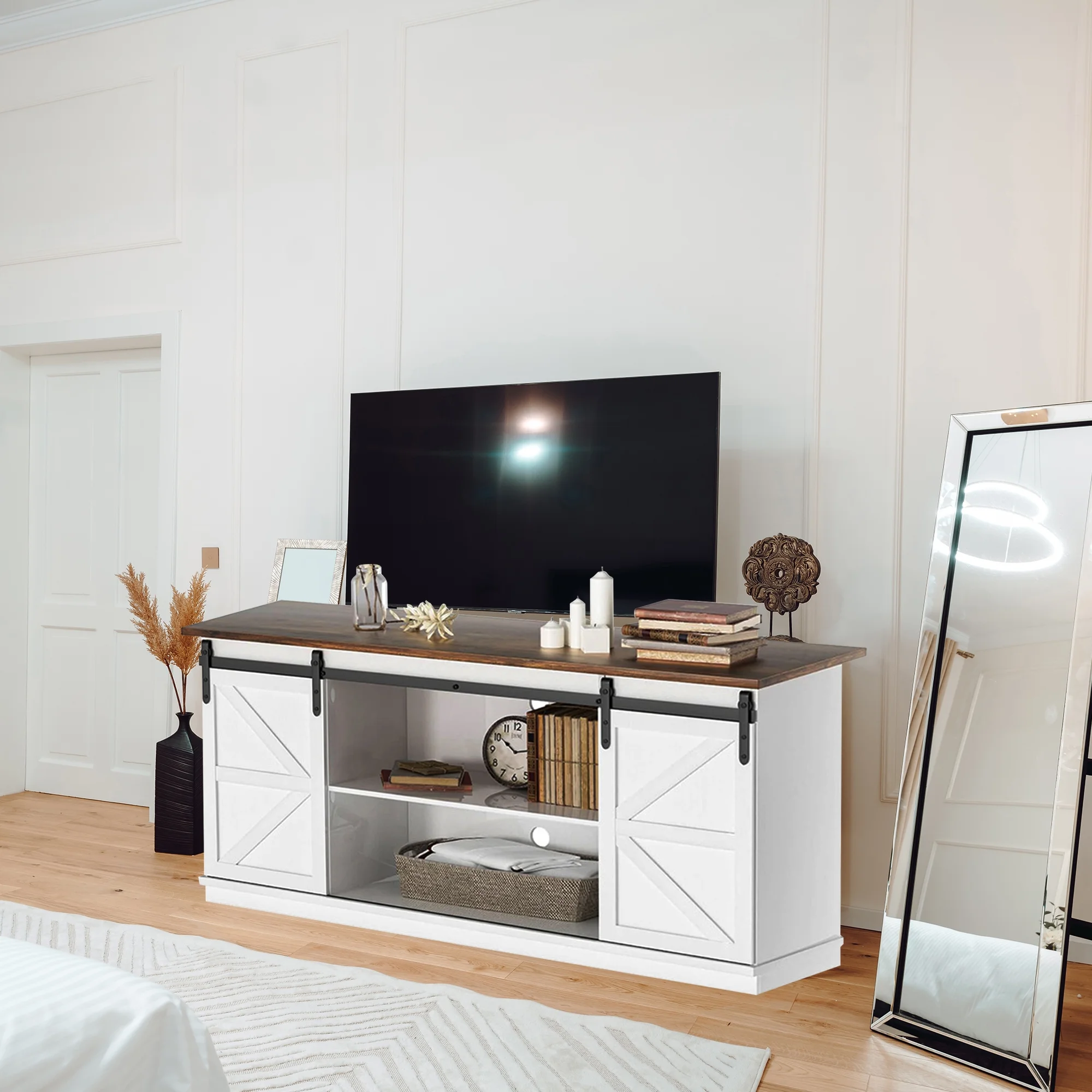 Farmhouse TV Stand with Sliding Barn Door Farmhouse Barn Door Media Console Entertainment Center