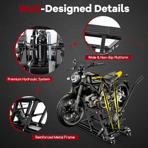 Goplus Motorcycle Lift, 1500 LBS Hydraulic ATV Scissor Jack with Footplates & Long Handle, 2 Ratchet Belts, 4 Wheels, 4.7”-15” Lifting Range