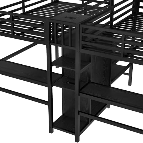 Bellamave Metal Loft Bed with Wardrobe and L-Shaped Desk, Full Size Loft Bed with Storage Cubes and Shelves, Heavy Duty LoftBed for Kids Teens Adults