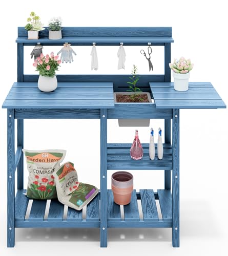 SERWALL Potting Bench Outdoor Potting Table with Sink, HDPE Potting Benches for Outside Gardening Table All Weather Use- Black