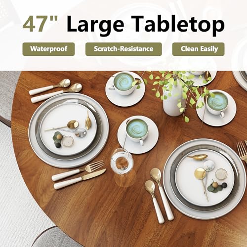 47 inch Round Dining Table for 4, Kitchen Table Dinner Table with 2-Layer Storage Shelf and Wood Slide Door for Home Dining Room Living Room (Walnut)