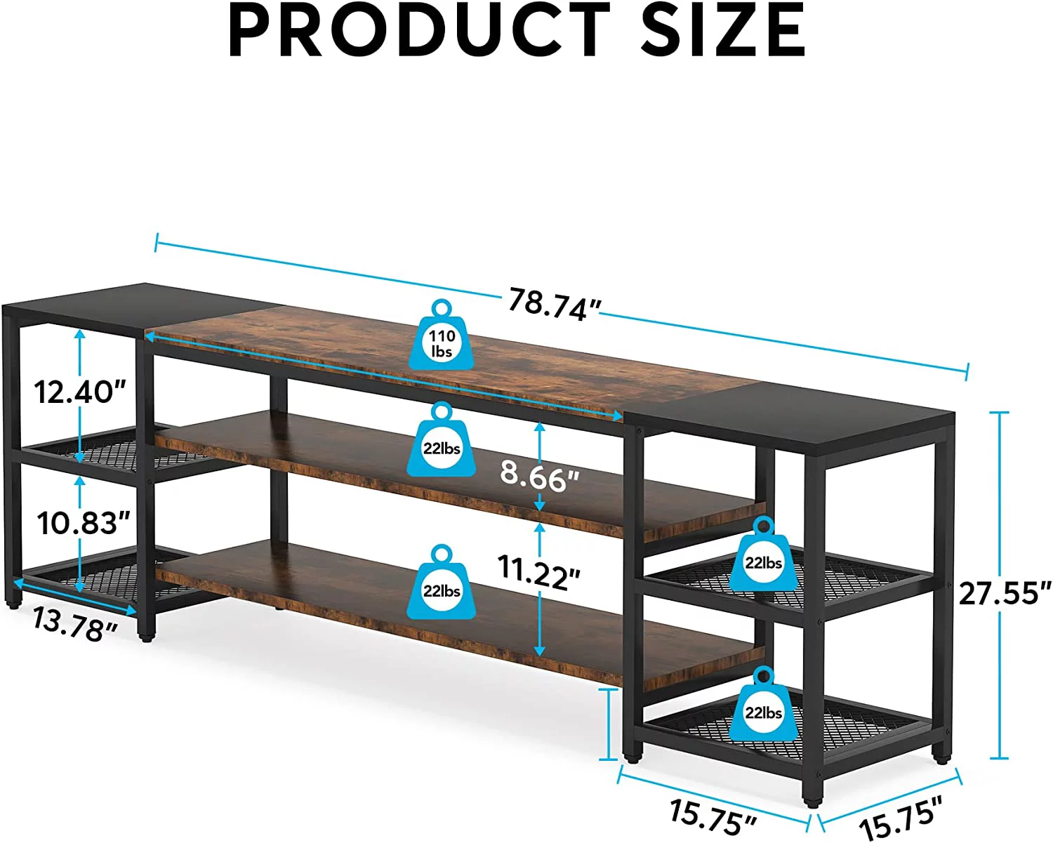 Tribesigns 78" TV Stand for TVs Up to 65" Industrial Media Console Table with 3 Tier Storage Shelves Brown and Black