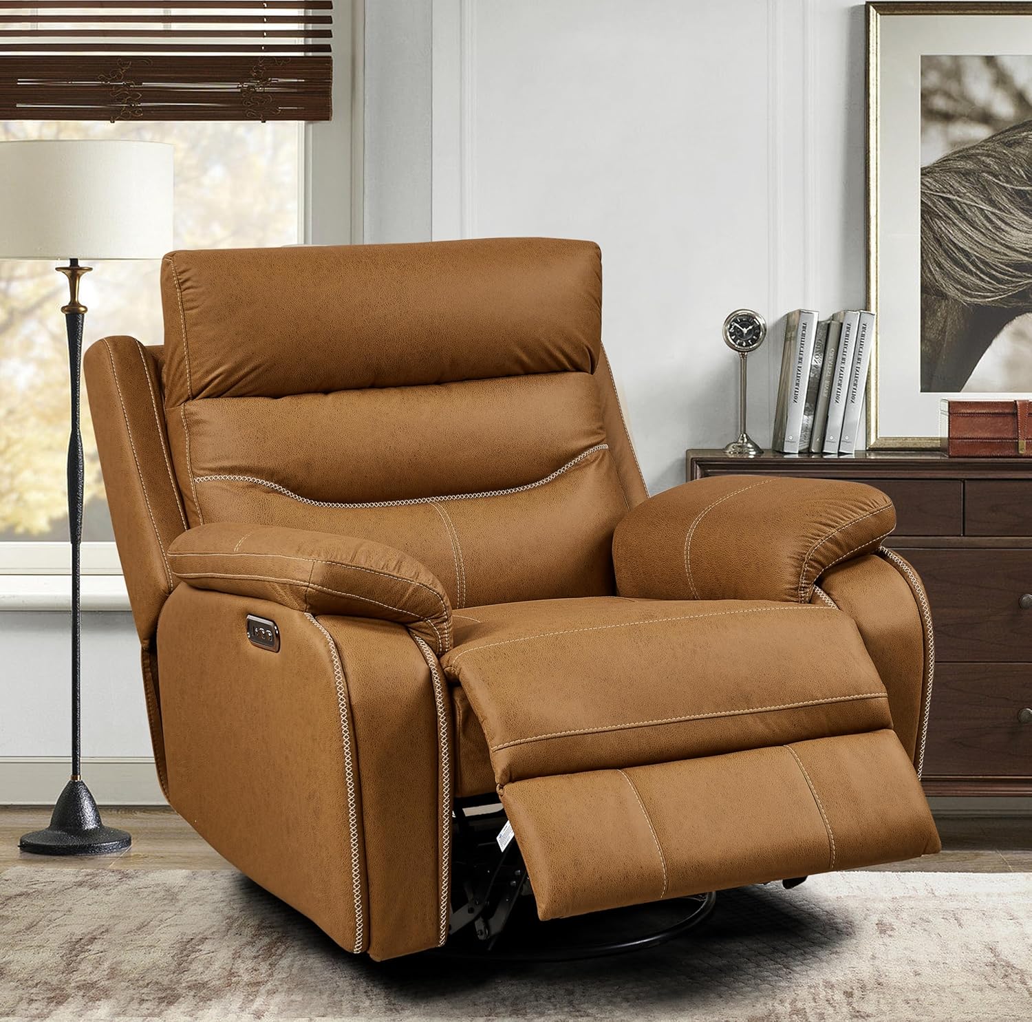 38" Dual Motor Rocking and 240 Degree Swivel Single Sofa Recliner Chair for Elderly, Power Headrest
