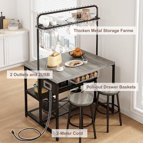 46" Large Kitchen Island Table Baker Rack with Power Outlet and 3-Tier Storage-Microwave Stand Oven Shelf, Metal Coffee Bar Table
