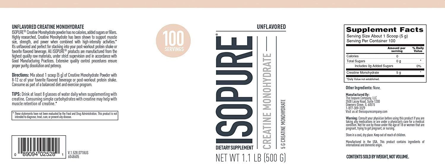 Isopure Protein Powder Low Carb With Creatine Powder 500g Unflavored, Keto Friendly Protein Powder, 100% Whey Protein Isolate