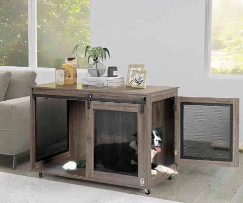 LINLUX 47 Inch XL Dog Crate Furniture, Wooden Heavy Duty Dog Kennel Indoor, Decorative Dog Cage Table for Extra Large Dogs, with Sliding Doors