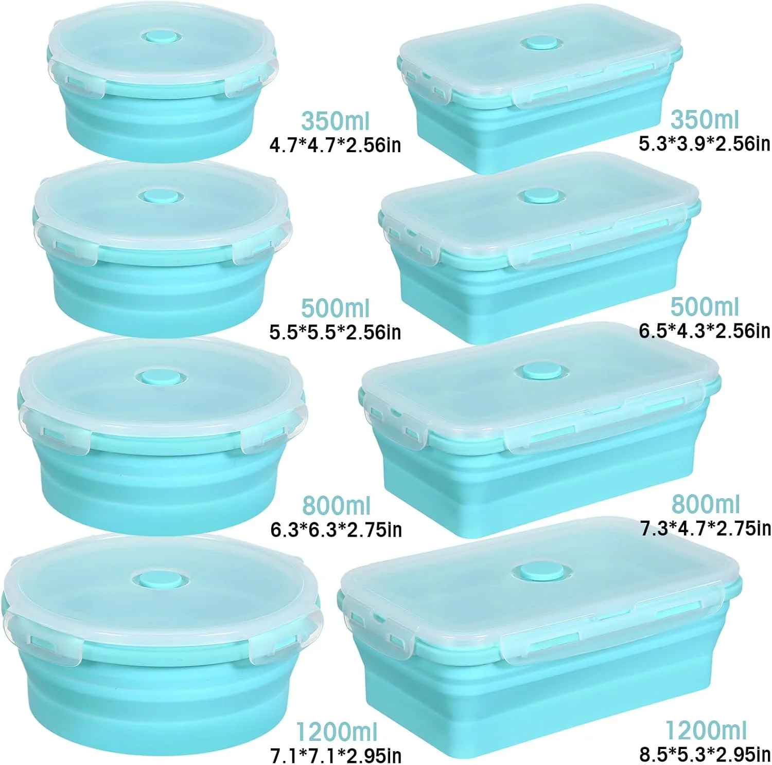 16 Pack Collapsible Food Storage Containers with Lid 8 P cs Rectangle Storage Bowl and 8 P cs Round Silicone Food Bow for Lunch Accessories Microwave