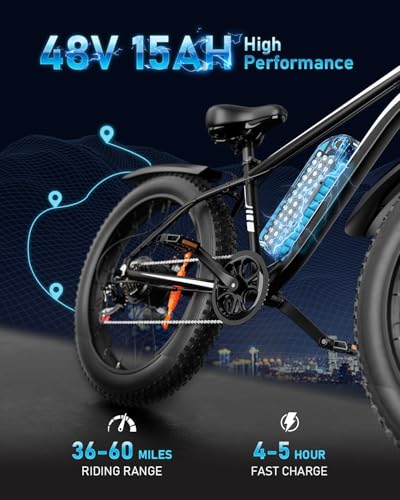 EB26 Electric Bike for Adults Peak 1500W Electric Bicycle 48V 15AH (720WH) Battery Electric Bike 26" Fat Tire Mountain 28mph 7 Speed Gears Ebike