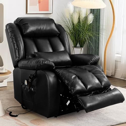 EDILLY Large Genuine Leather Power Lift Recliner Chairs for Elderly, Dual Motor with Massage and Heating,Double Lumbar Cushion and Extended Footrest