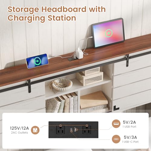 VIAGDO Wooden Bed Frame Queen Size with Bookcase Headboard and Sliding Barn Door, Farmhouse Queen Bed Frame with Charging Station