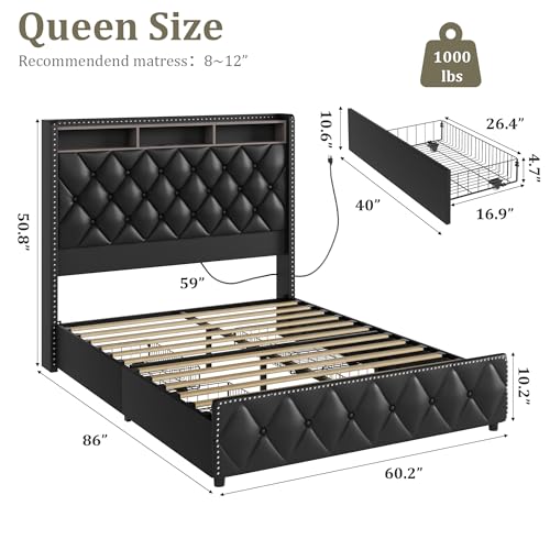 GarveeHome Queen Bed Frame with 50.8" Tall Headboard, Platform Velvet Upholstered Bed Frame with 4 Storage Drawers, USB Charging Station, Led Lights