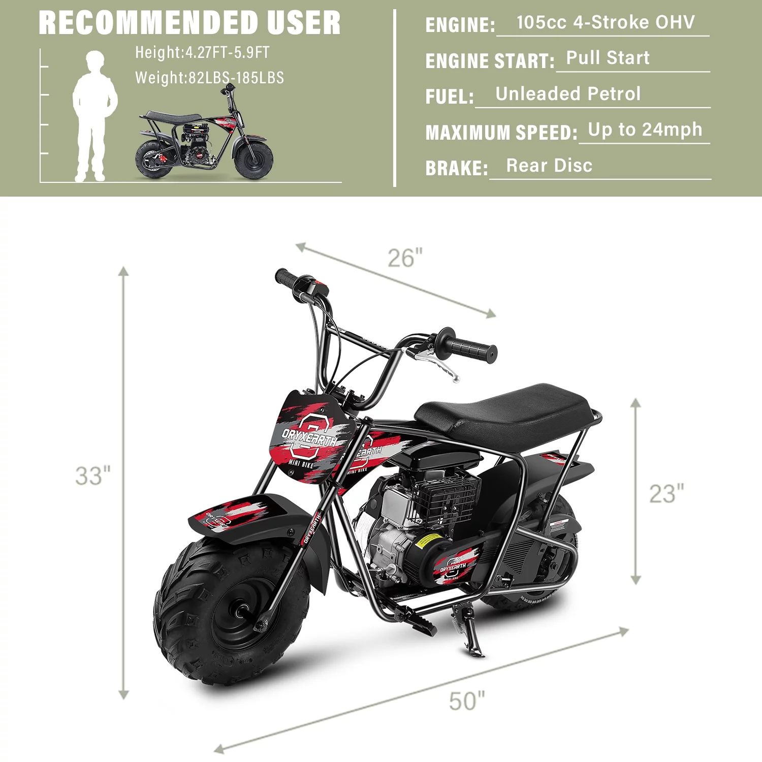 Oryxearth Mini Bike for Kids Motorcycle, Gas Power Dirt Bike,105CC 4-Stroke Ride on Toys, Racing - Radiant Selections