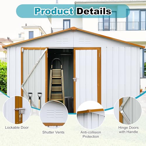 8x6 FT Outdoor Storage Shed, Metal Tool Shed with Lockable Doors, Peaked Roof & Frame Floor