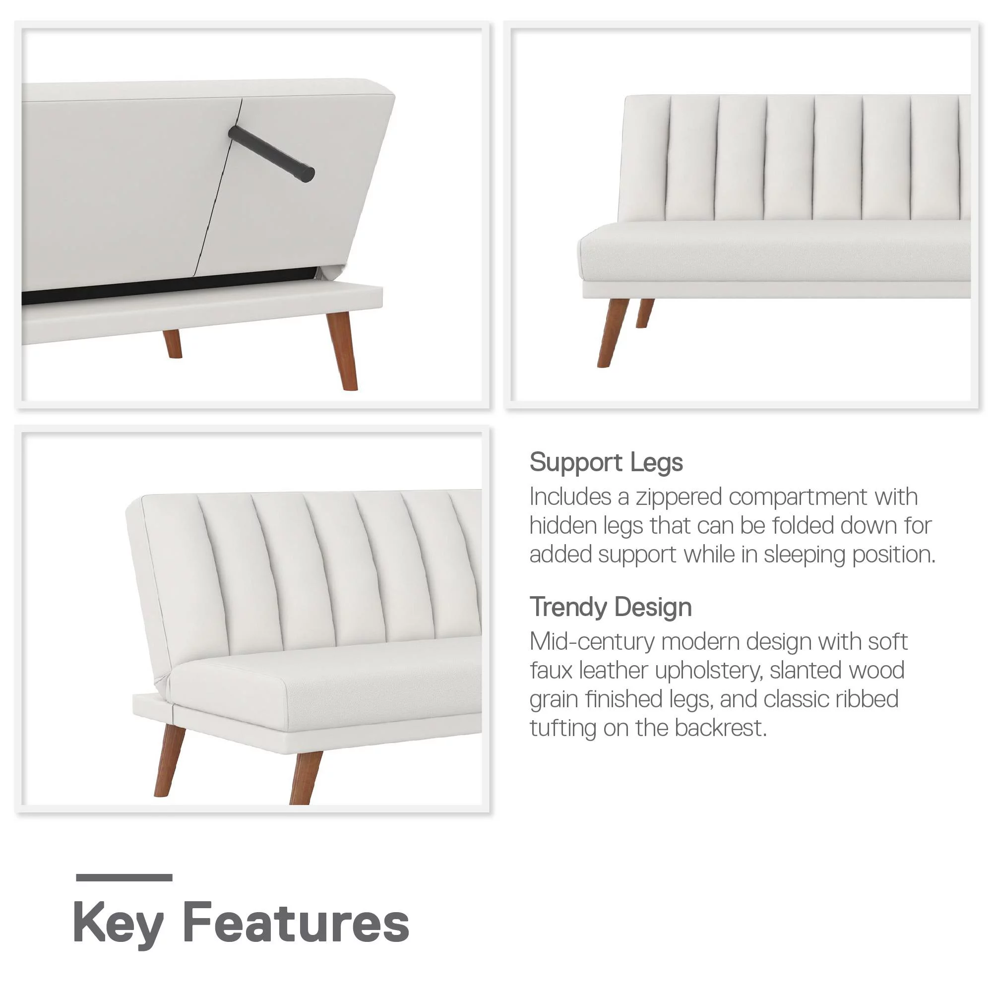 Novogratz Brittany Armless Futon, Sofa Lounger and Sleeper with Hideaway Support Legs, White Faux Leather