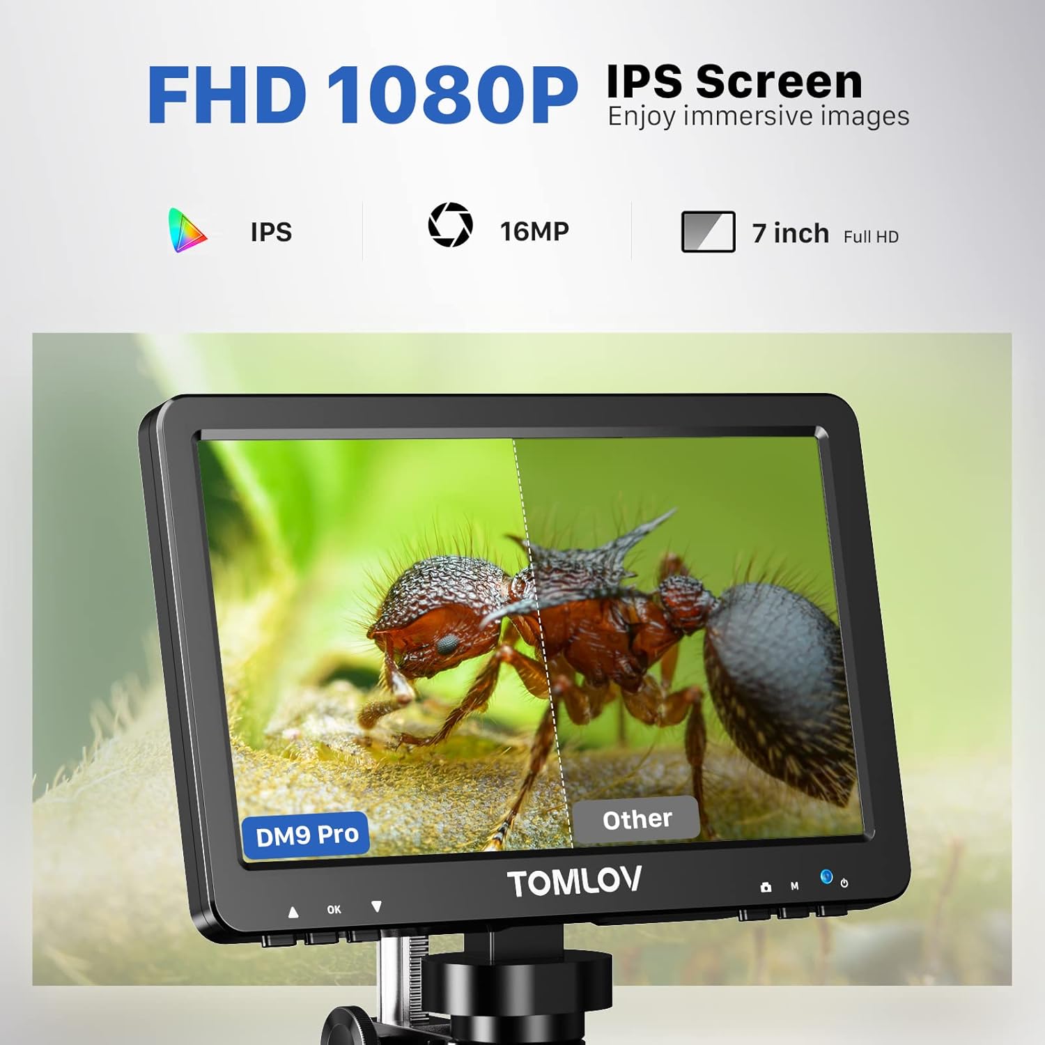 TOMLOV DM9 Pro 7" HDMI Digital Microscope 1200X with IPS Screen, 1080P 16MP Coin Microscope Magnifier for Entire Coin View