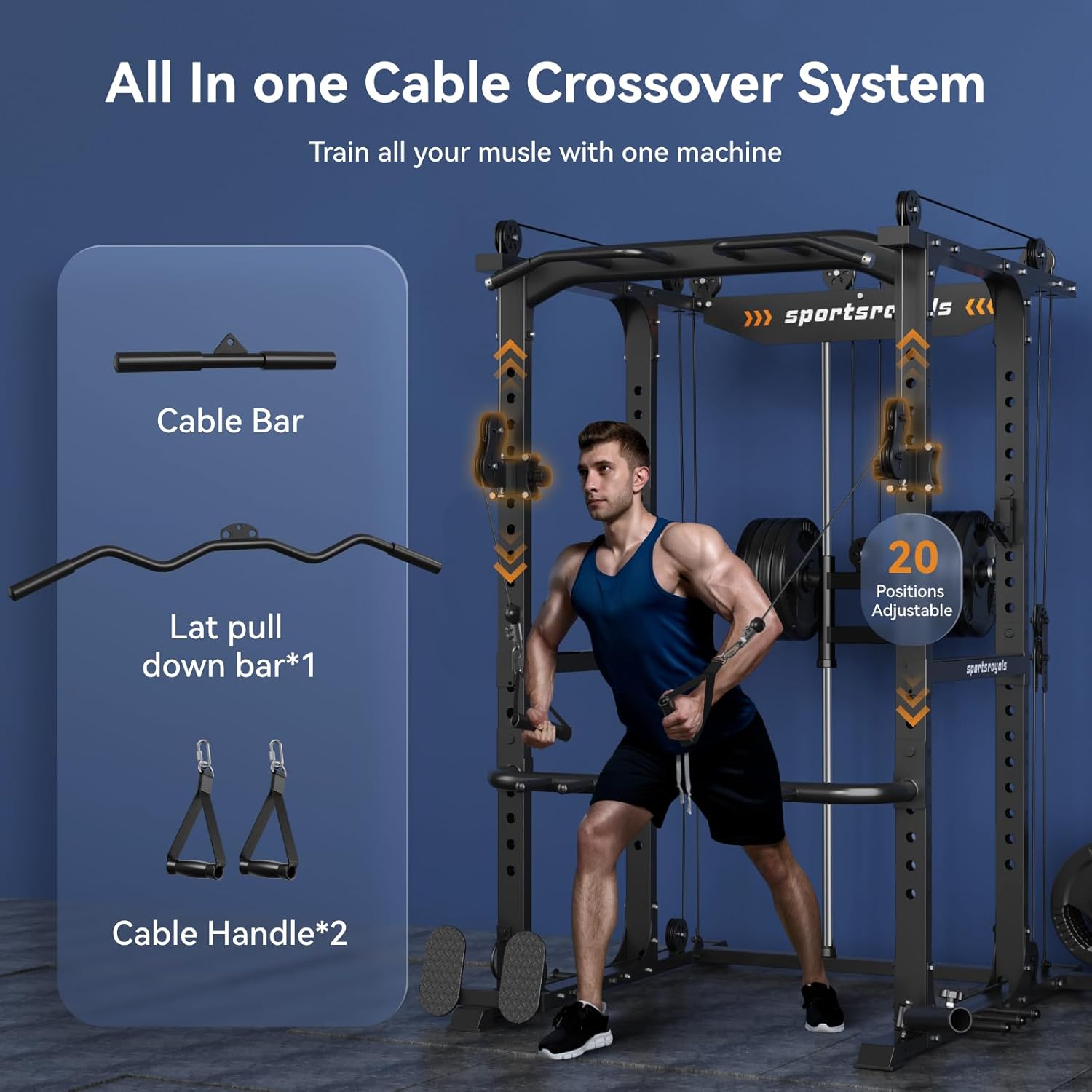 Sportsroyals Power Cage,1600lbs Multi-Function Power Rack with Adjustable Cable Crossover System and More Training Attachment